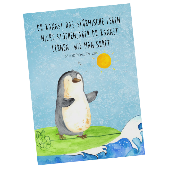 Postkarte Pinguin Surfer