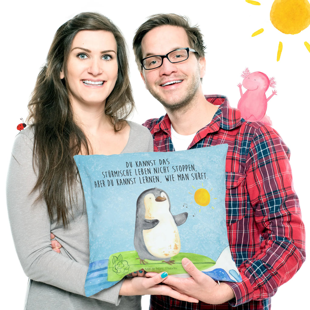 Cushion Penguin surfer bedroom, couch, pillows, sofa, cushion, settee, soft, 40x40, 40 x 40, bed, Pillow, pad, fluffy, pillow case, Penguin, North Pole, Winter, Penguins, Hawaii, waves, penguins, surfing, Portugal, wave riding, holidays, surfers