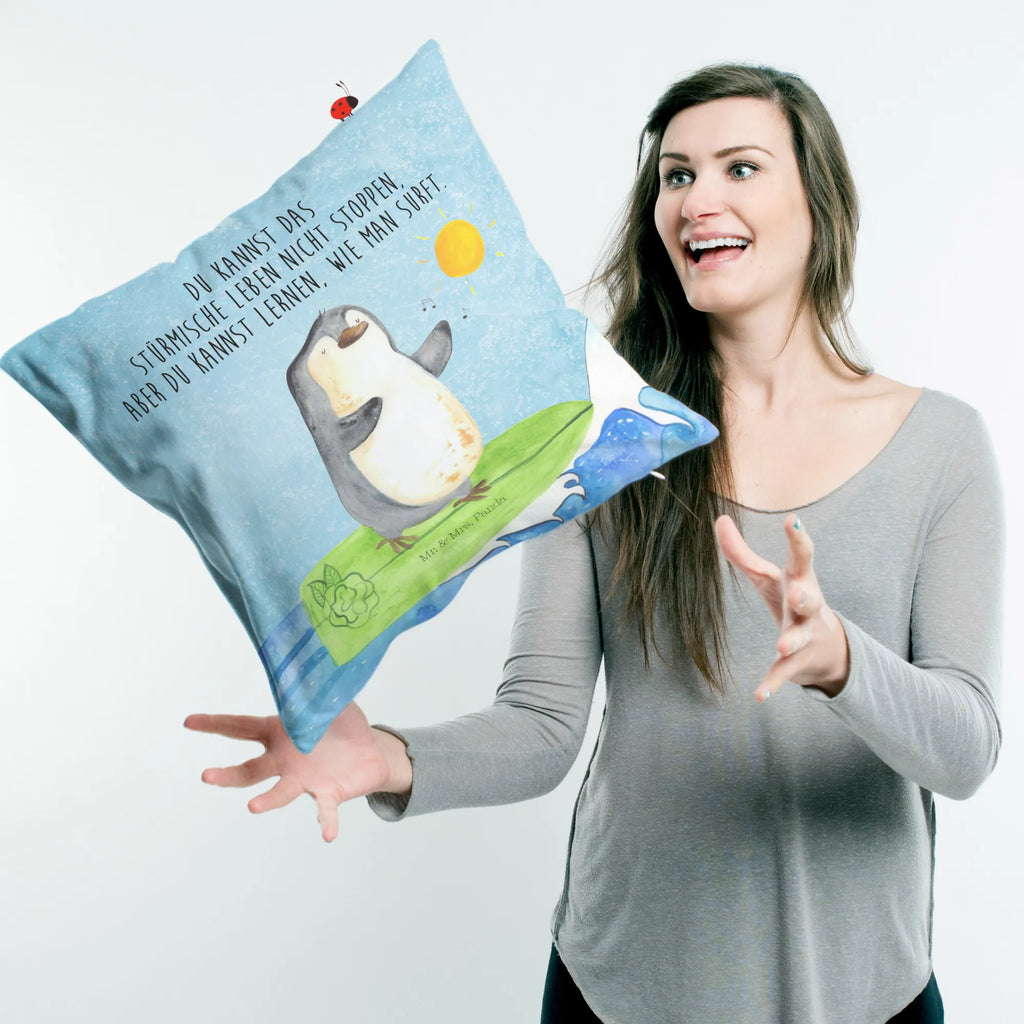 Cushion Penguin surfer bedroom, couch, pillows, sofa, cushion, settee, soft, 40x40, 40 x 40, bed, Pillow, pad, fluffy, pillow case, Penguin, North Pole, Winter, Penguins, Hawaii, waves, penguins, surfing, Portugal, wave riding, holidays, surfers