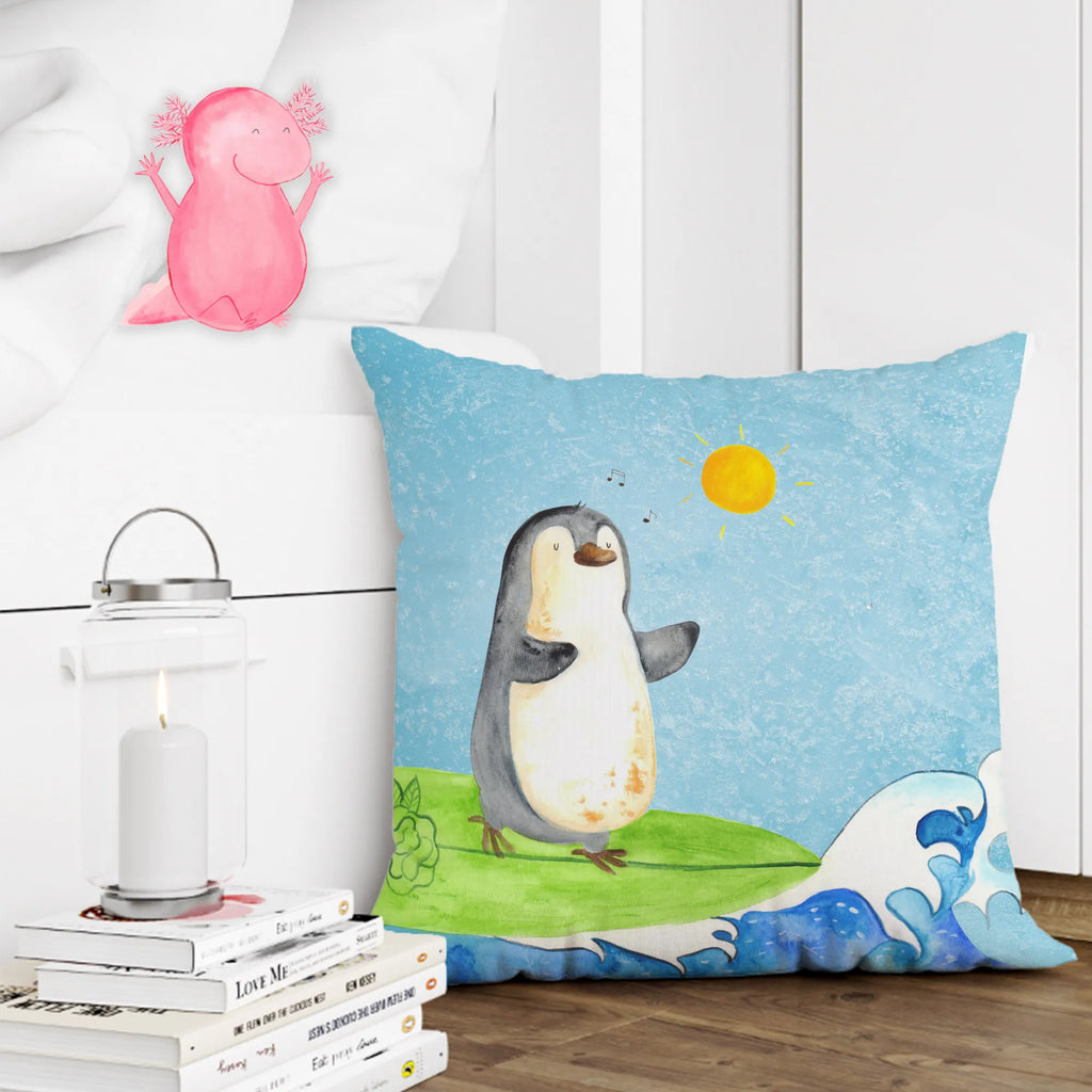 Cushion Penguin surfer bedroom, couch, pillows, sofa, cushion, settee, soft, 40x40, 40 x 40, bed, Pillow, pad, fluffy, pillow case, Penguin, North Pole, Winter, Penguins, Hawaii, waves, penguins, surfing, Portugal, wave riding, holidays, surfers