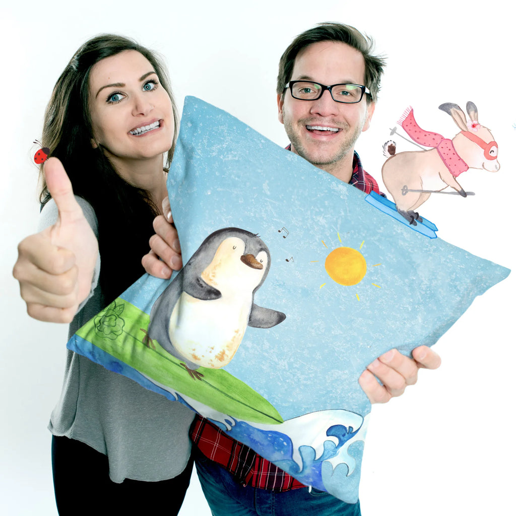 Cushion Penguin surfer bedroom, couch, pillows, sofa, cushion, settee, soft, 40x40, 40 x 40, bed, Pillow, pad, fluffy, pillow case, Penguin, North Pole, Winter, Penguins, Hawaii, waves, penguins, surfing, Portugal, wave riding, holidays, surfers