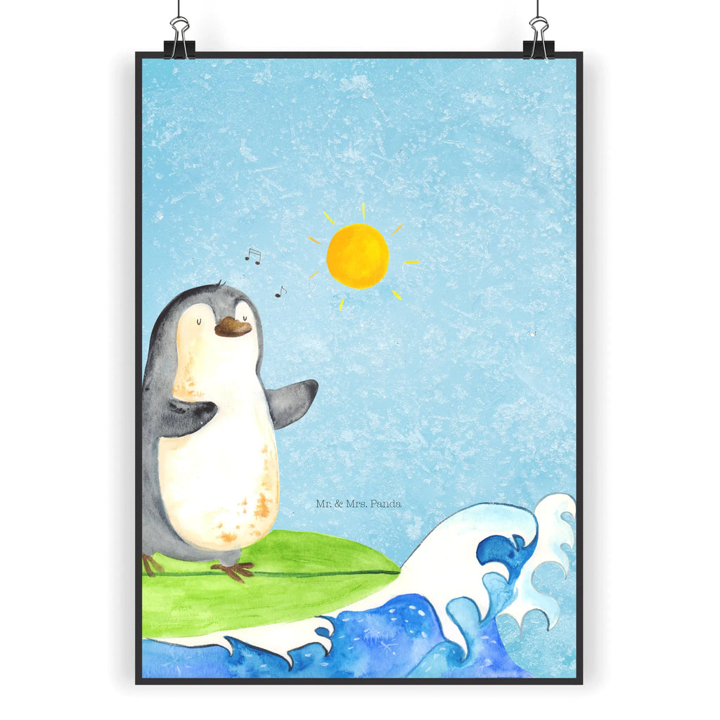 Poster Pinguin Surfer Wanddeko, Wanddekoration, Handgemaltes Poster, Kinderposter, Designposter, Raumdekoration, Poster, Bild, Küchenposter, Posterdruck, Wanddeko Bild, Kunstdruck, Wandposter, Mr. & Mrs. Panda Poster, Pinguin, Surfer, Urlaub, Portugal, surfen, Wellen, Hawaii, Pinguine, Wellen reiten