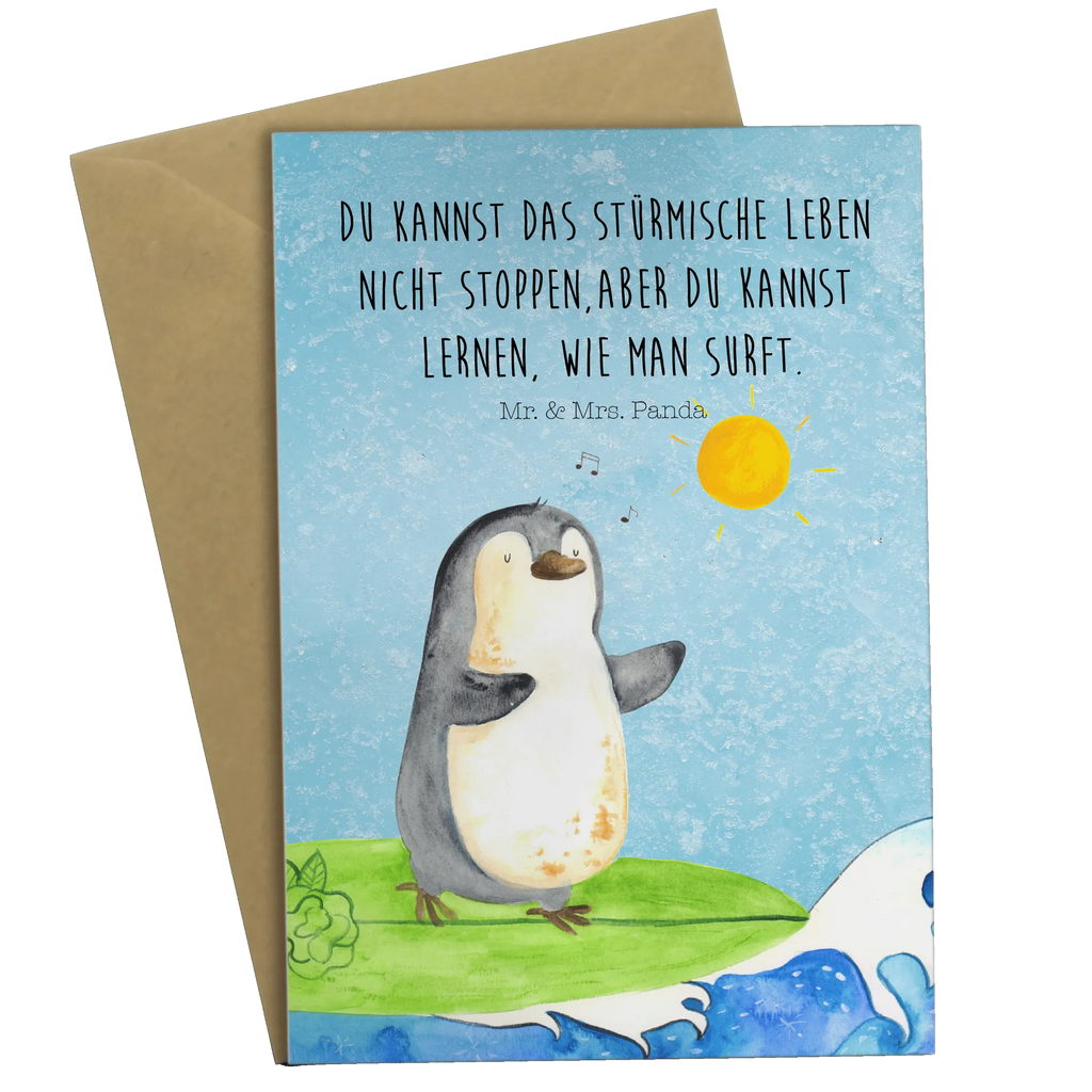 Grußkarte Pinguin Surfer Geburtstagskarte, Glückwunschkarte, Hochzeitskarte, Ansichtskarten, Grußkarte, Karte, Klappkarte, Einladungskarte, Pinguin, Hawaii, Urlaub, Wellen reiten, Wellen, Surfer, Portugal, Pinguine, surfen