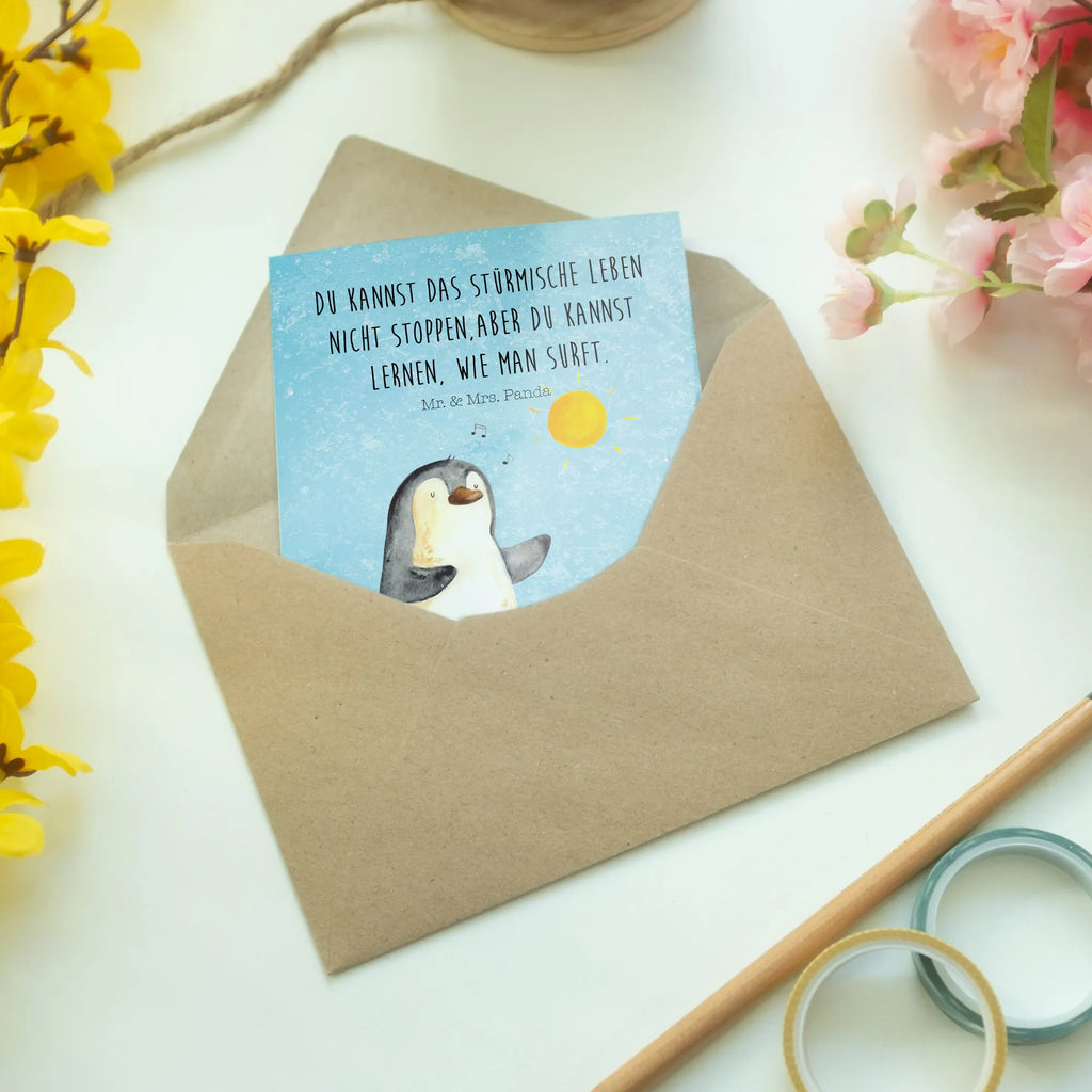 Grußkarte Pinguin Surfer Geburtstagskarte, Glückwunschkarte, Hochzeitskarte, Ansichtskarten, Grußkarte, Karte, Klappkarte, Einladungskarte, Pinguin, Hawaii, Urlaub, Wellen reiten, Wellen, Surfer, Portugal, Pinguine, surfen