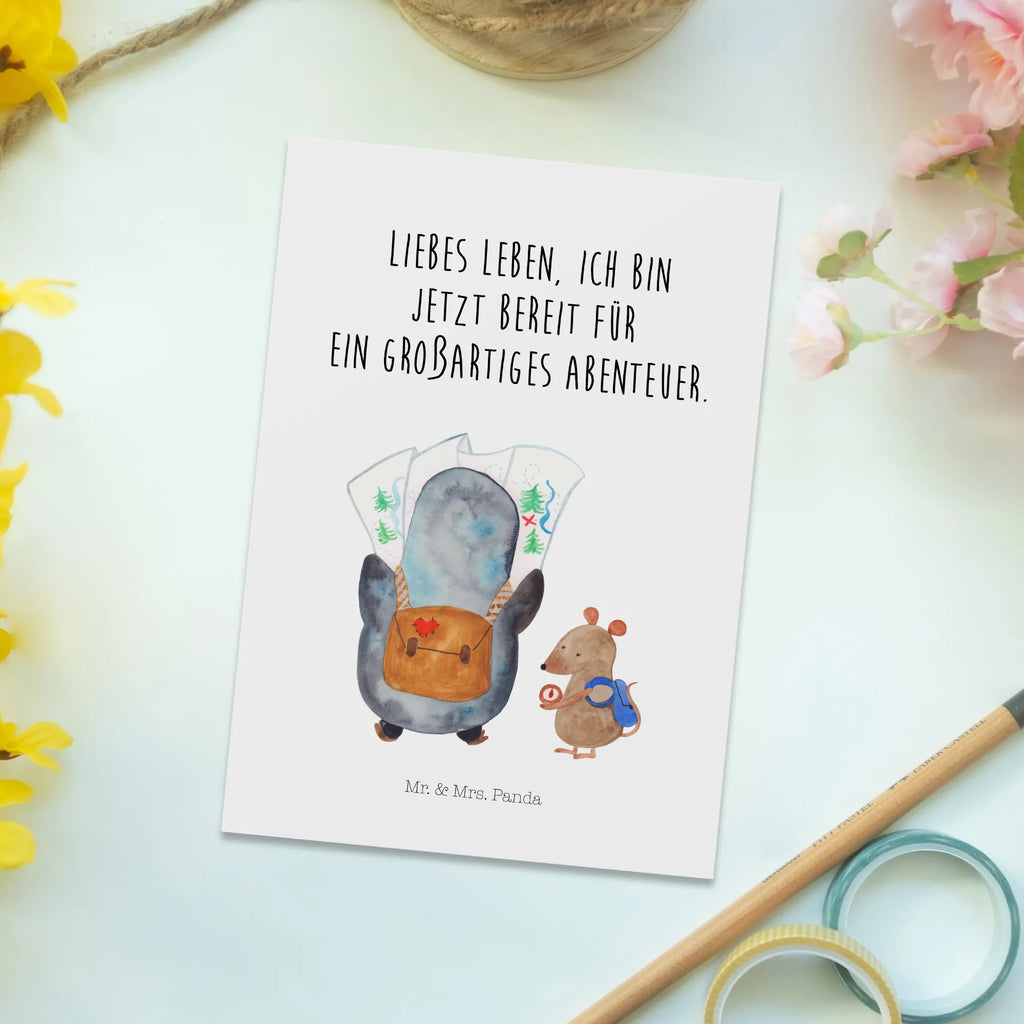 Postcard Penguin & Mouse Hiker North Pole, Penguins, penguins, hiking, adventurer, road trip, excursion, adventure