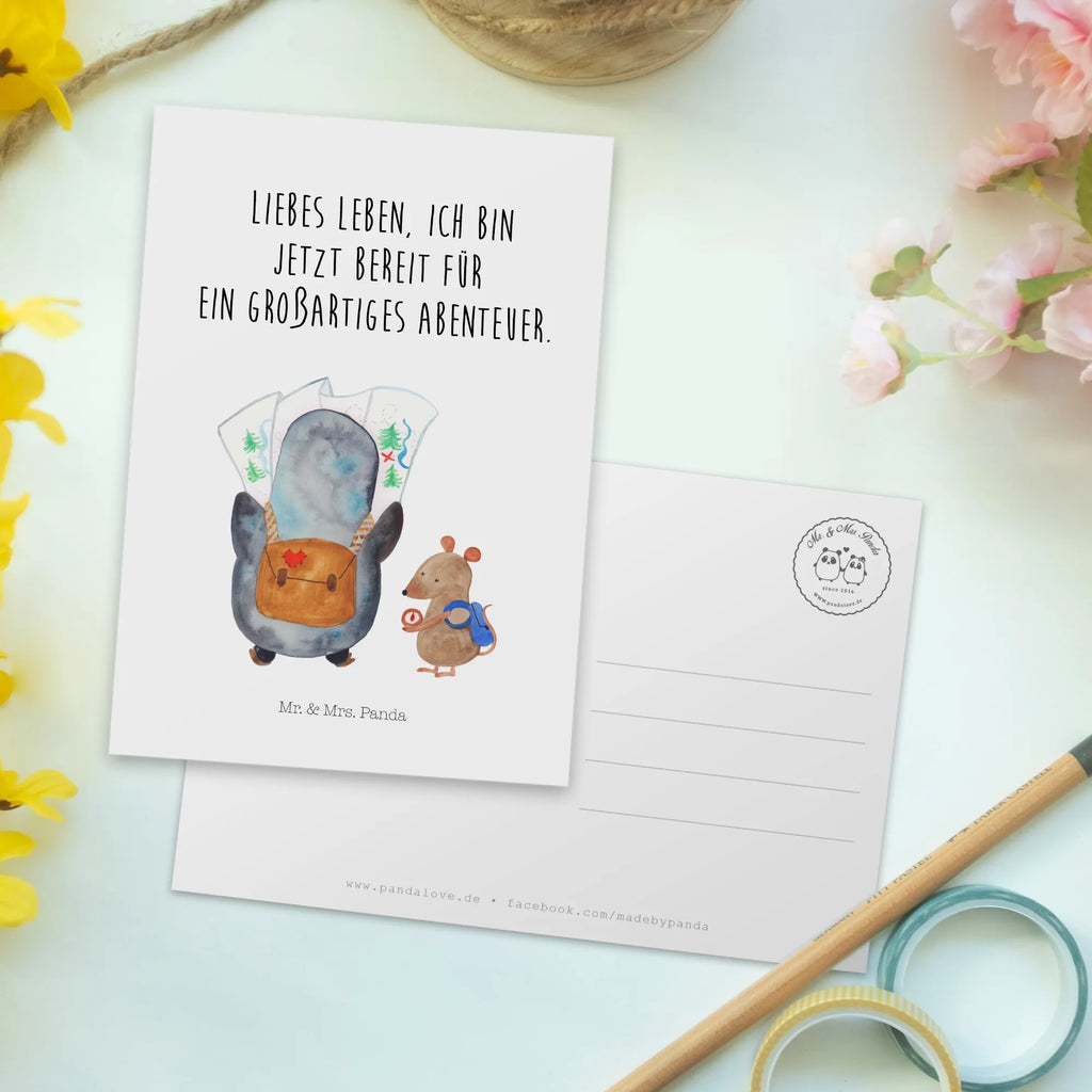 Postcard Penguin & Mouse Hiker North Pole, Penguins, penguins, hiking, adventurer, road trip, excursion, adventure