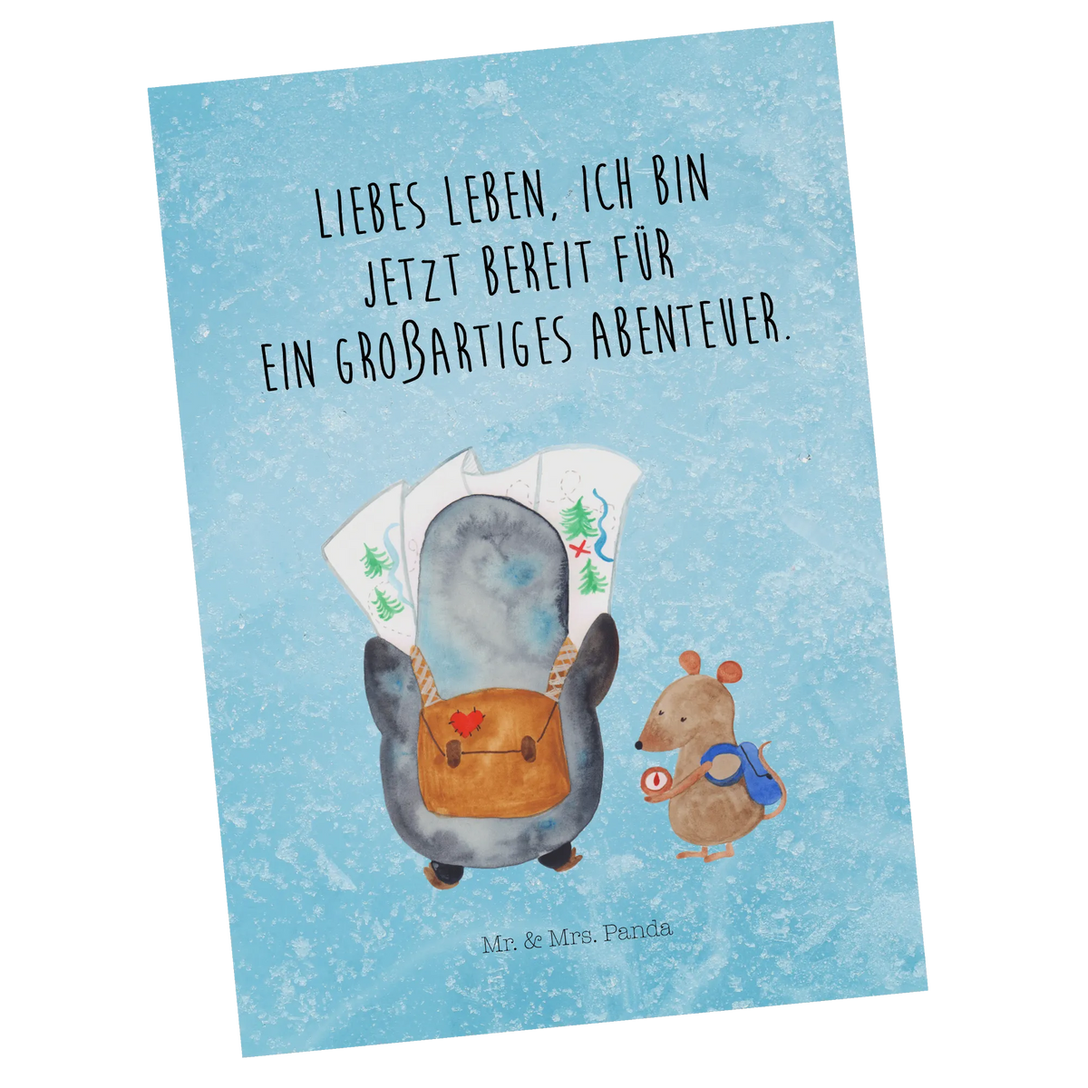 Postkarte Pinguin & Maus Wanderer Motivkarte, bildkarte, kunstkarte, Postkarten, einzelkarte, Fotokarte, Postkarte, Ansichtskarten, Designkarte, spruchkarte, Grußkarte, Ansichtskarte, Kunstkarten, Pinguin, Abenteuer, Ausflug, Abenteurer, Wanderlust, Pinguine, Wandern, Roadtrip