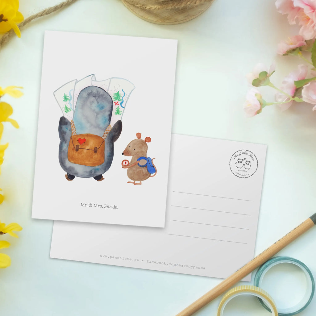 Postcard Penguin & Mouse Hiker North Pole, Penguins, penguins, hiking, adventurer, road trip, excursion, adventure