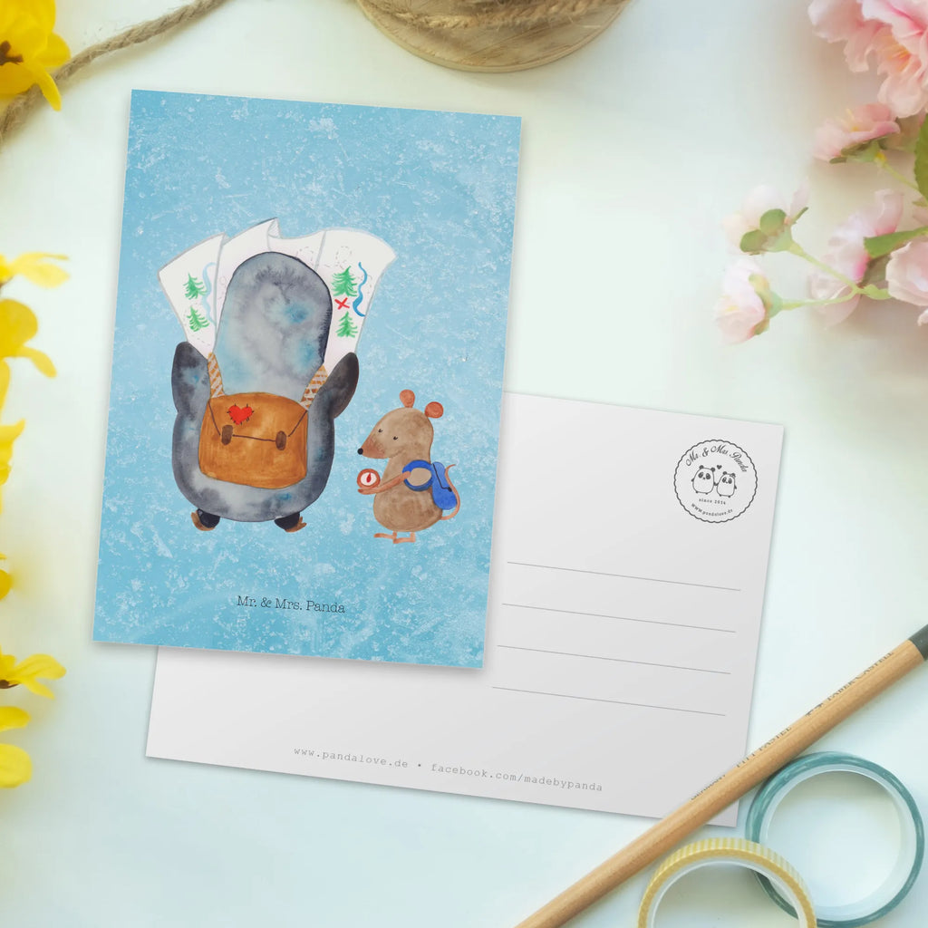 Postcard Penguin & Mouse Hiker North Pole, Penguins, penguins, hiking, adventurer, road trip, excursion, adventure