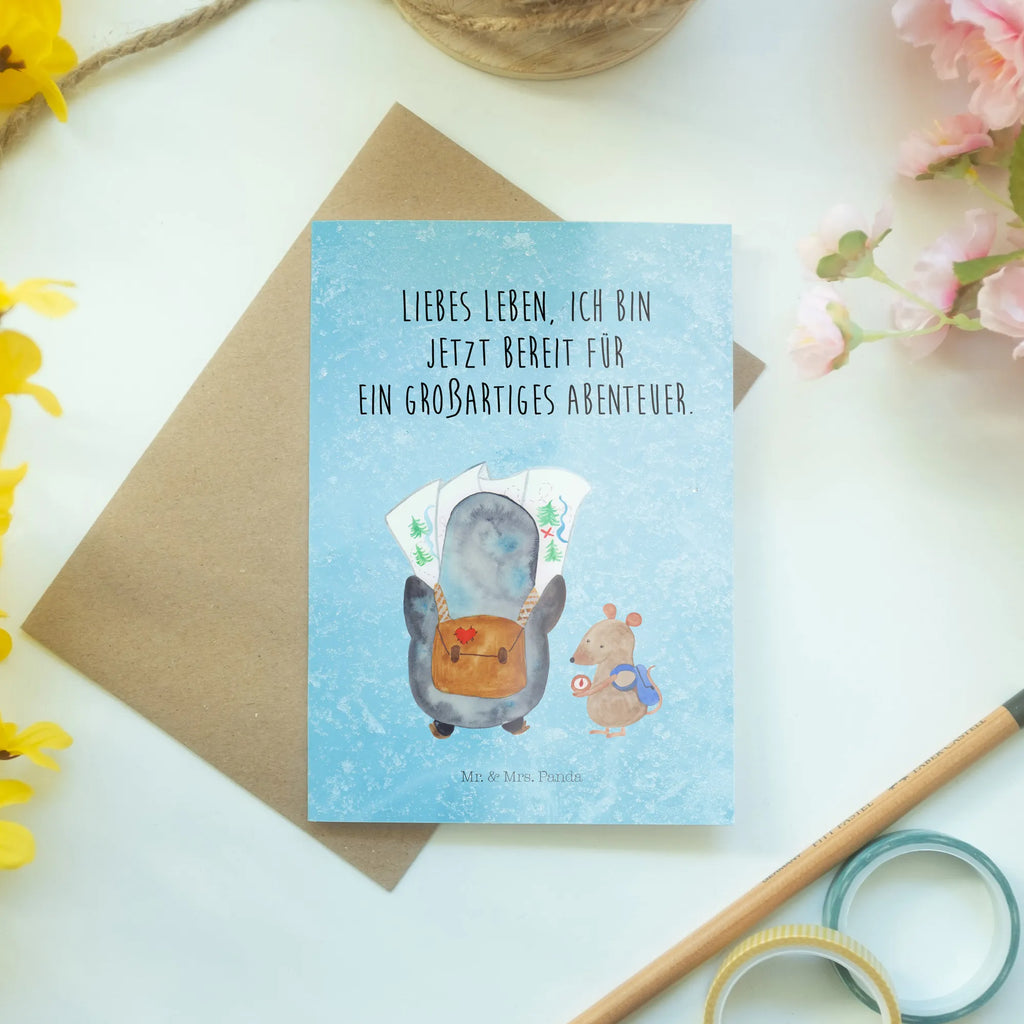 Greetings card Penguin & Mouse Hiker Hochzeitskarte, Karte, Glückwunschkarte, Einladungskarte, Grußkarte, Ansichtskarten, Klappkarte, Geburtstagskarte, Pinguin, Roadtrip, Wanderlust, Abenteuer, Abenteurer, wandern, Pinguine, Ausflug
