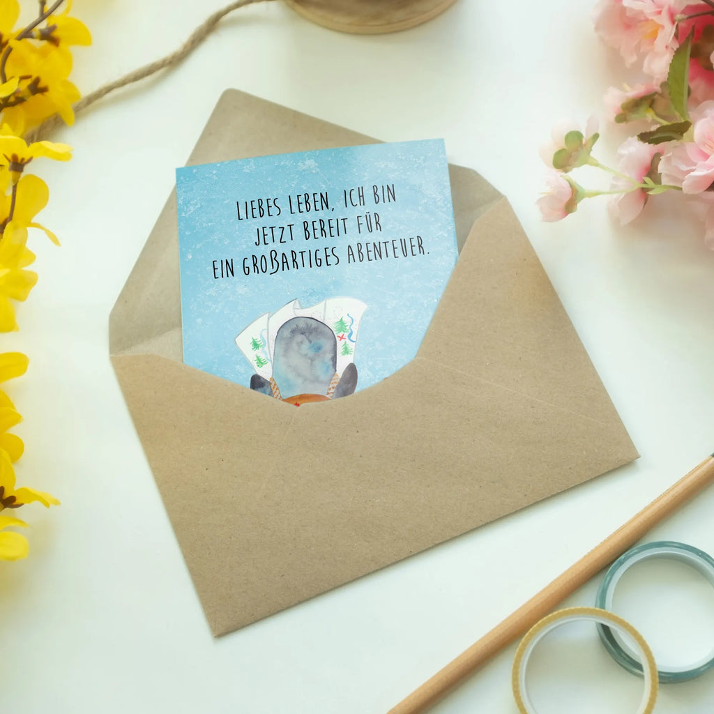 Greetings card Penguin & Mouse Hiker Hochzeitskarte, Karte, Glückwunschkarte, Einladungskarte, Grußkarte, Ansichtskarten, Klappkarte, Geburtstagskarte, Pinguin, Roadtrip, Wanderlust, Abenteuer, Abenteurer, wandern, Pinguine, Ausflug