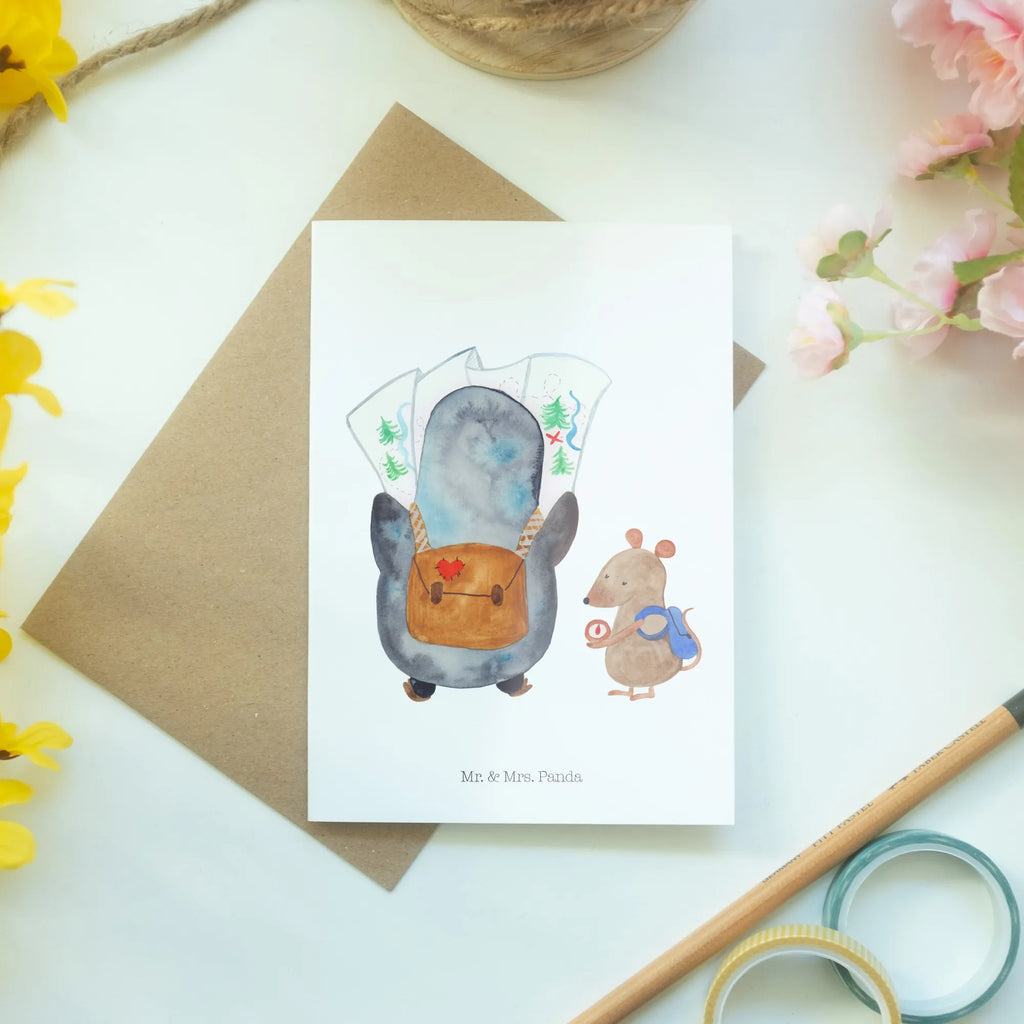 Greetings card Penguin & Mouse Hiker Hochzeitskarte, Karte, Glückwunschkarte, Einladungskarte, Grußkarte, Ansichtskarten, Klappkarte, Geburtstagskarte, Pinguin, Roadtrip, Wanderlust, Abenteuer, Abenteurer, wandern, Pinguine, Ausflug