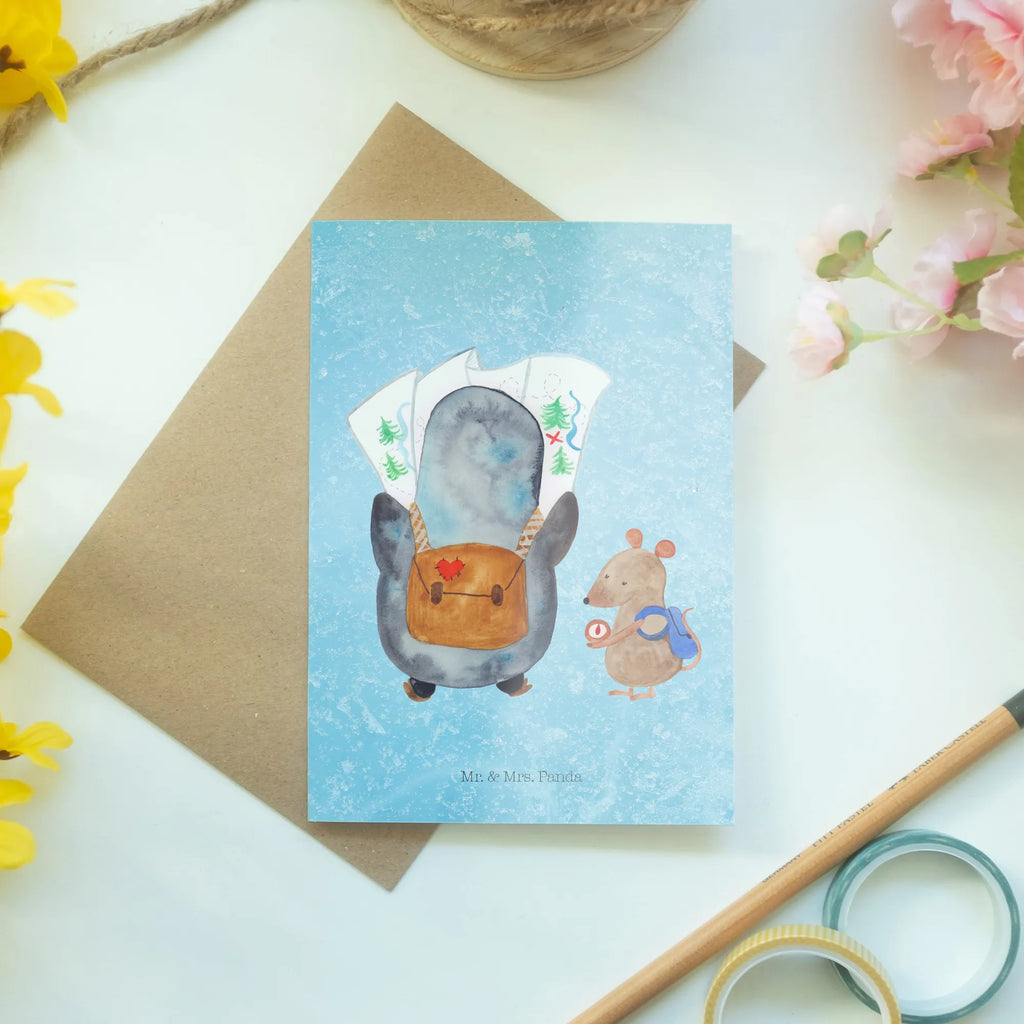 Greetings card Penguin & Mouse Hiker Hochzeitskarte, Karte, Glückwunschkarte, Einladungskarte, Grußkarte, Ansichtskarten, Klappkarte, Geburtstagskarte, Pinguin, Roadtrip, Wanderlust, Abenteuer, Abenteurer, wandern, Pinguine, Ausflug