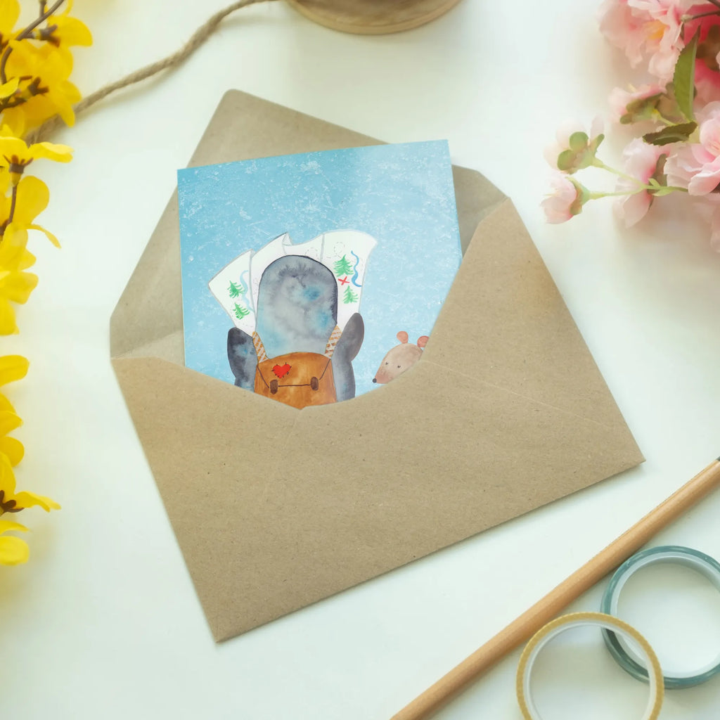 Greetings card Penguin & Mouse Hiker Hochzeitskarte, Karte, Glückwunschkarte, Einladungskarte, Grußkarte, Ansichtskarten, Klappkarte, Geburtstagskarte, Pinguin, Roadtrip, Wanderlust, Abenteuer, Abenteurer, wandern, Pinguine, Ausflug
