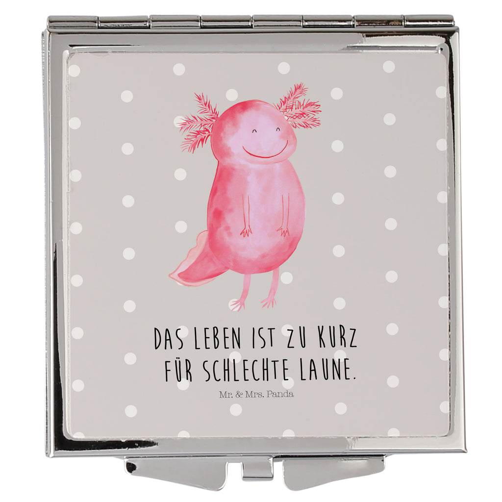 Handtaschenspiegel quadratisch Axolotl glücklich Spiegel, Handtasche, Quadrat, silber, schminken, Schminkspiegel, Axolotl, Molch, Axolot, Schwanzlurch, Lurch, Lurche, Motivation, gute Laune
