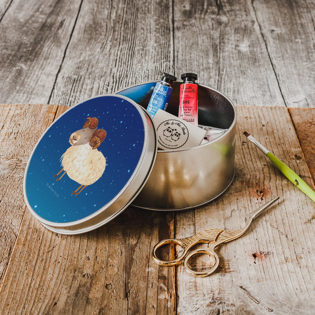 Round tin Star sign Aries gift box, cookie tin, storage, storage tin, tin, tin can, constellations, birthdays, astrology, zodiac, date of birth, month of birth, March gift, ram, Aries star sign, April birthday, March birthday, April gift, Aries gift