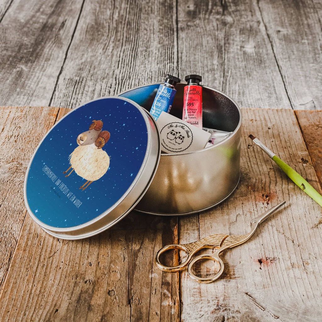 Round tin Star sign Aries gift box, cookie tin, storage, storage tin, tin, tin can, constellations, birthdays, astrology, zodiac, date of birth, month of birth, March gift, ram, Aries star sign, April birthday, March birthday, April gift, Aries gift