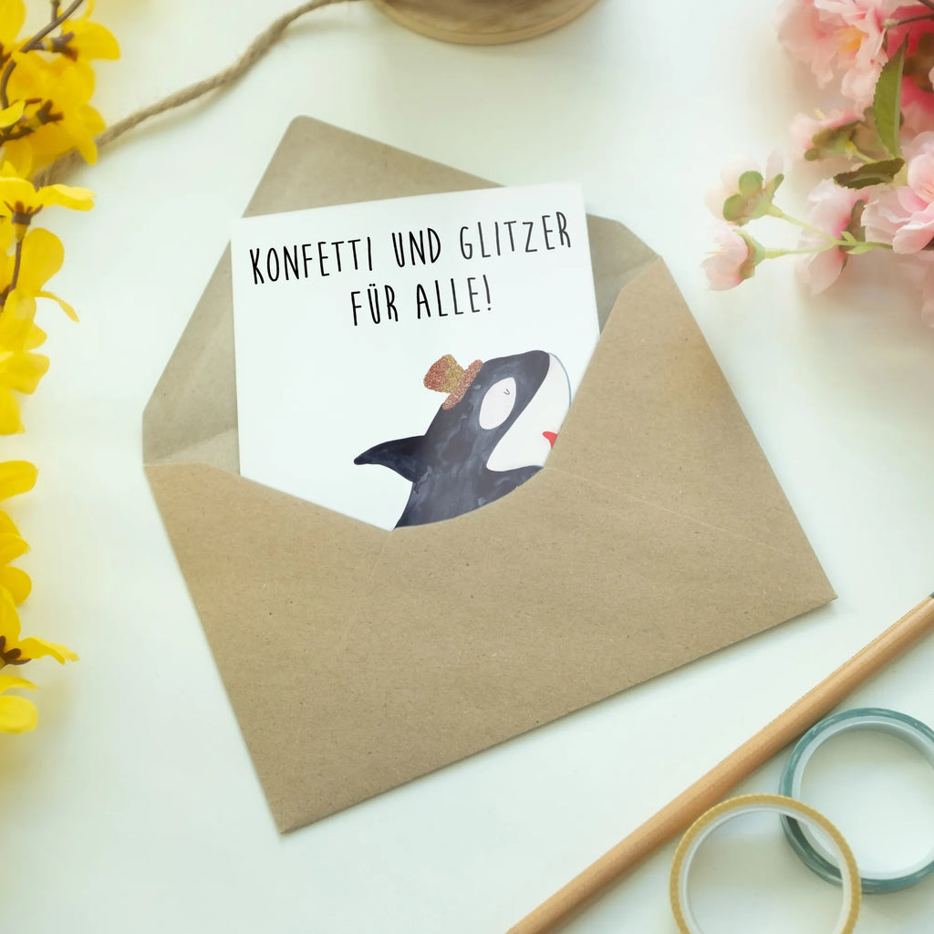 Grußkarte Orca Zylinder Grußkarte, Glückwunschkarte, Klappkarte, Hochzeitskarte, Ansichtskarten, Geburtstagskarte, Einladungskarte, Karte, Meerestiere, Meer, Urlaub, Fete, Glitter, Narwal, Feier, Konfetti, Geburtstag, Orca, Fest, Glitzer, Glückwunsch