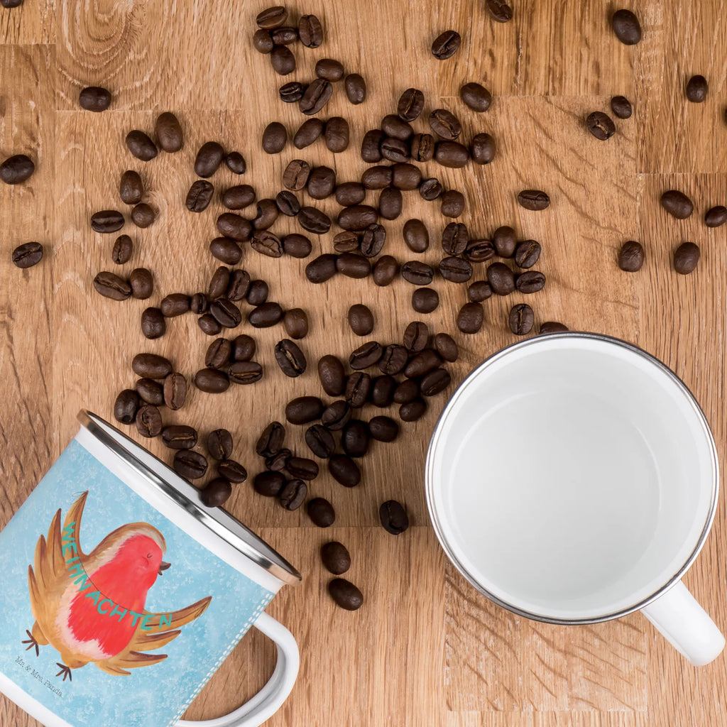 Kempingowy kubek emaliowany rudzik Boże Narodzenie Zima, Boże Narodzenie, dekoracje świąteczne, Mikołaj, Adwent, Wigilia, zimowy motyw