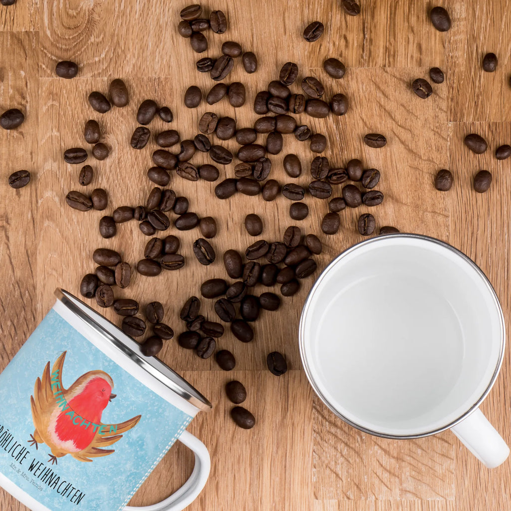 Kempingowy kubek emaliowany rudzik Boże Narodzenie Zima, Boże Narodzenie, dekoracje świąteczne, Mikołaj, Adwent, Wigilia, zimowy motyw