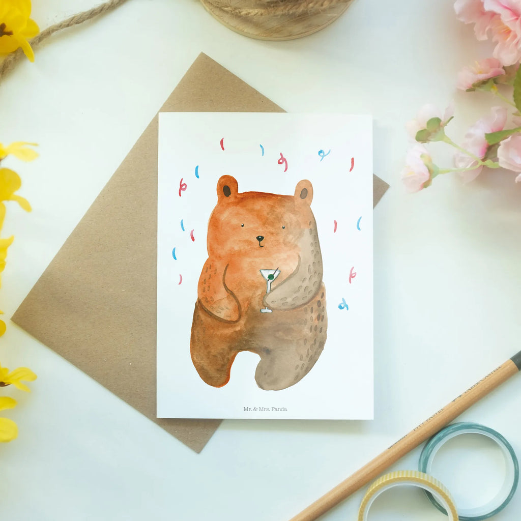 Greetings card bear party greeting card, birthday card, folding card, invitation card, wedding card, bear, teddy, teddy bear, cuddly toy, Partying, Birthday, Good mood, Present, Funny, Celebrate, Birthday present, Party, Bring a present