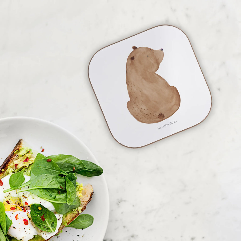 Square coaster bear shoulder look glass coasters, gift, gifts, party, Coasters, presents, breakfast, bear, teddy, teddy bear, cuddly toy, self-esteem, motivation, bear love, wisdom, bears, world view