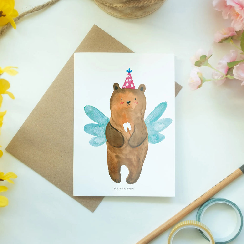 Greetings card bear tooth fairy Einladungskarte, Klappkarte, Grußkarte, Geburtstagskarte, Hochzeitskarte, Karte, Ansichtskarten, Glückwunschkarte, Bär, Teddy, Teddybär, Zahnfee, Milchzahn, Erster Zahn, Fee