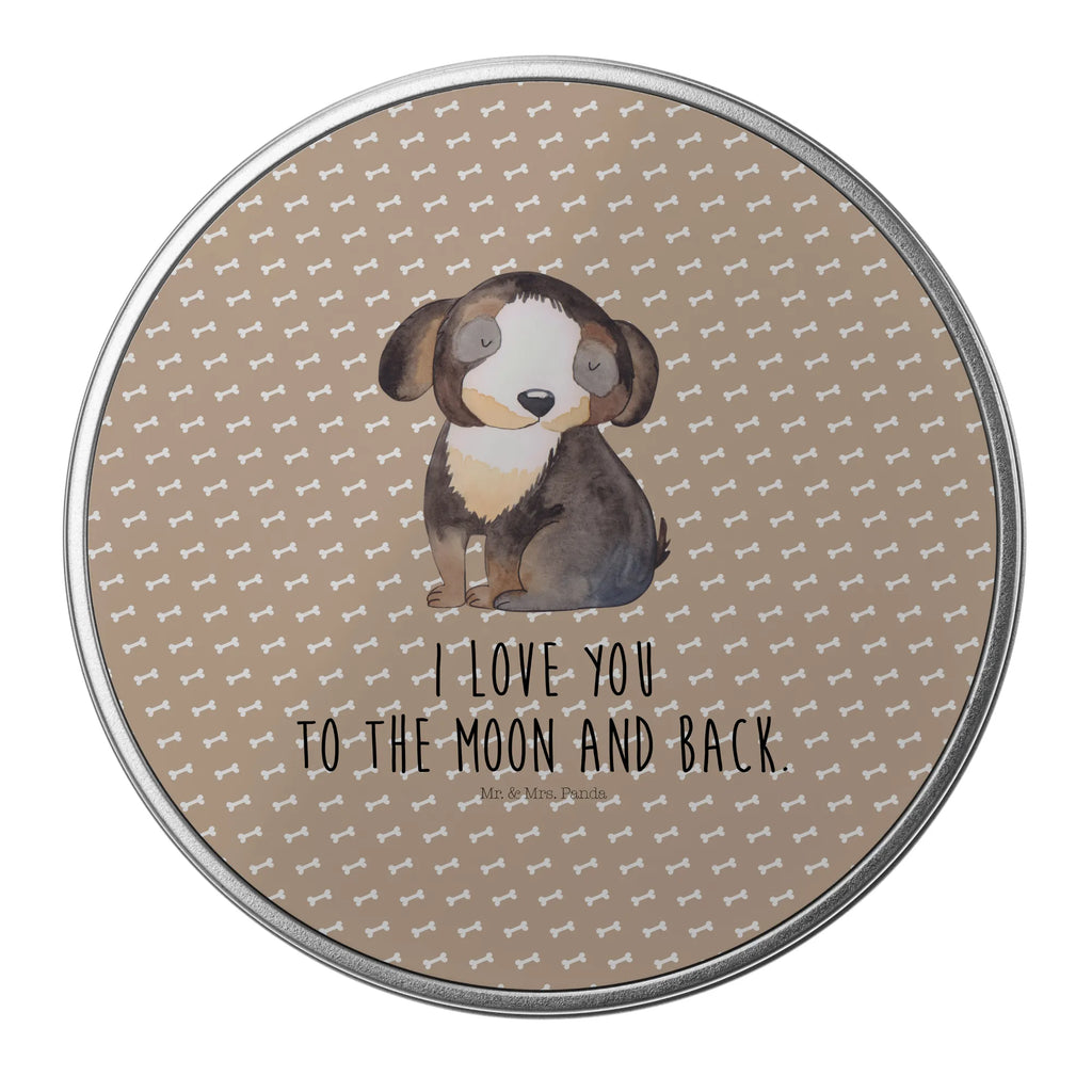 okrągła puszka z blachy pies relaks Pies, motyw psa, zwierzę domowe, rasa psa, miłośnik zwierząt, właściciel psa, powiedzenia