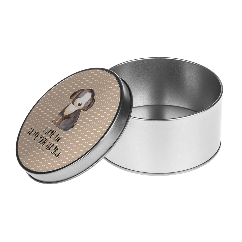 okrągła puszka z blachy pies relaks Pies, motyw psa, zwierzę domowe, rasa psa, miłośnik zwierząt, właściciel psa, powiedzenia