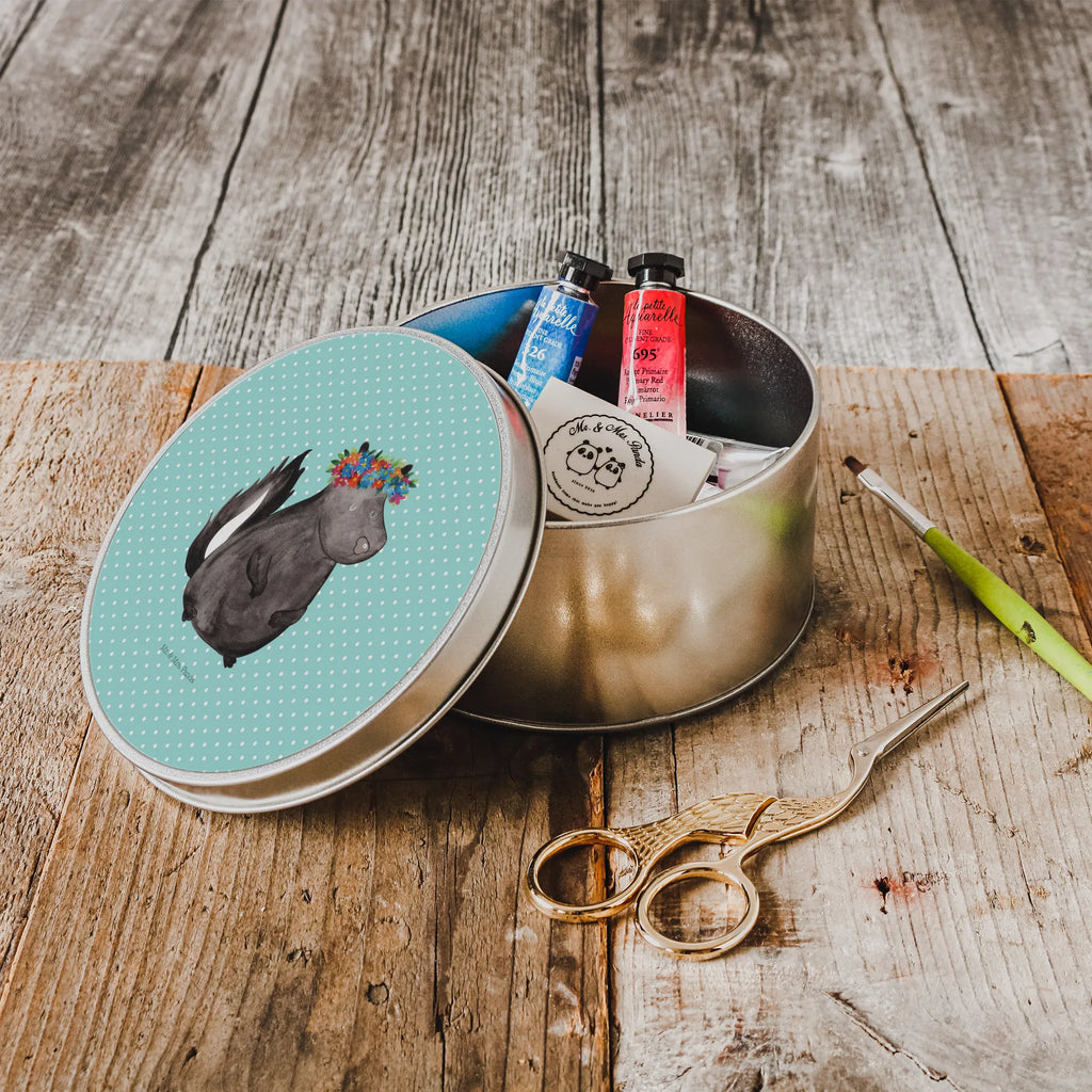 Round tin skunk Girl tin, gift box, storage, tin can, storage tin, cookie tin, Skunk, Wild animal, Laugh, Stinker, Yoga, Namaste, Stinky, Love, Live, Predator