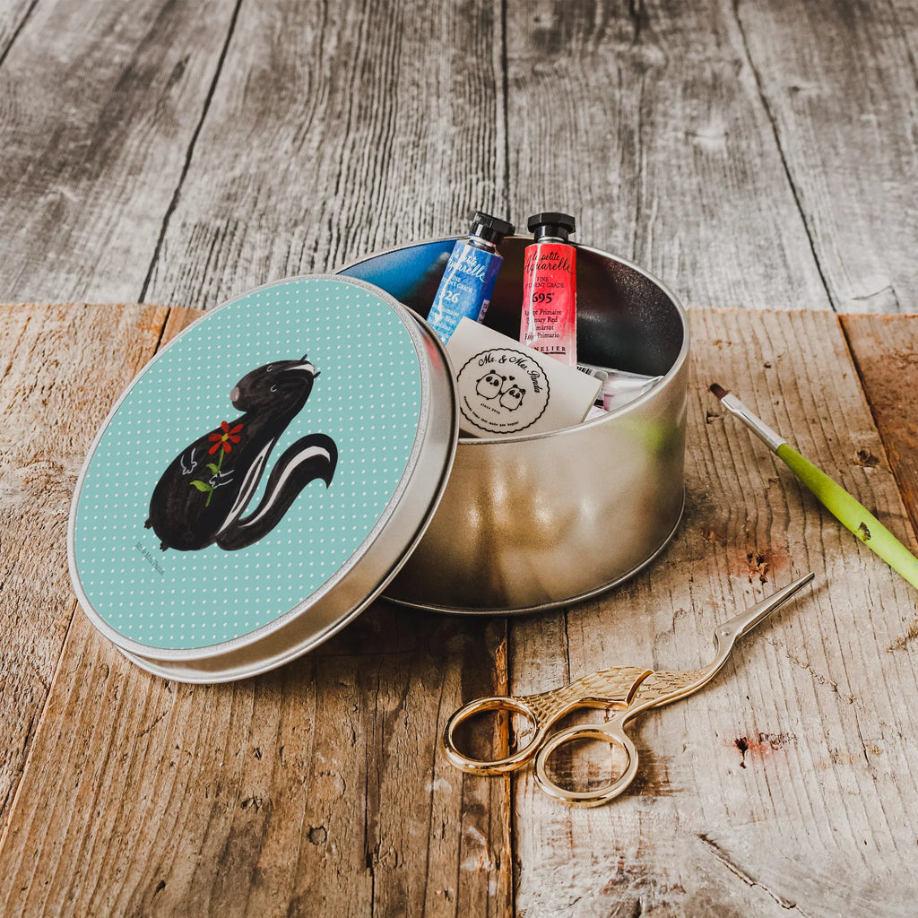 Round tin skunk flower tin, cookie tin, tin can, gift box, storage tin, storage, Skunk, daydreamer, wild animal, predator, skunk, dreams, stinker, dreamy, stink