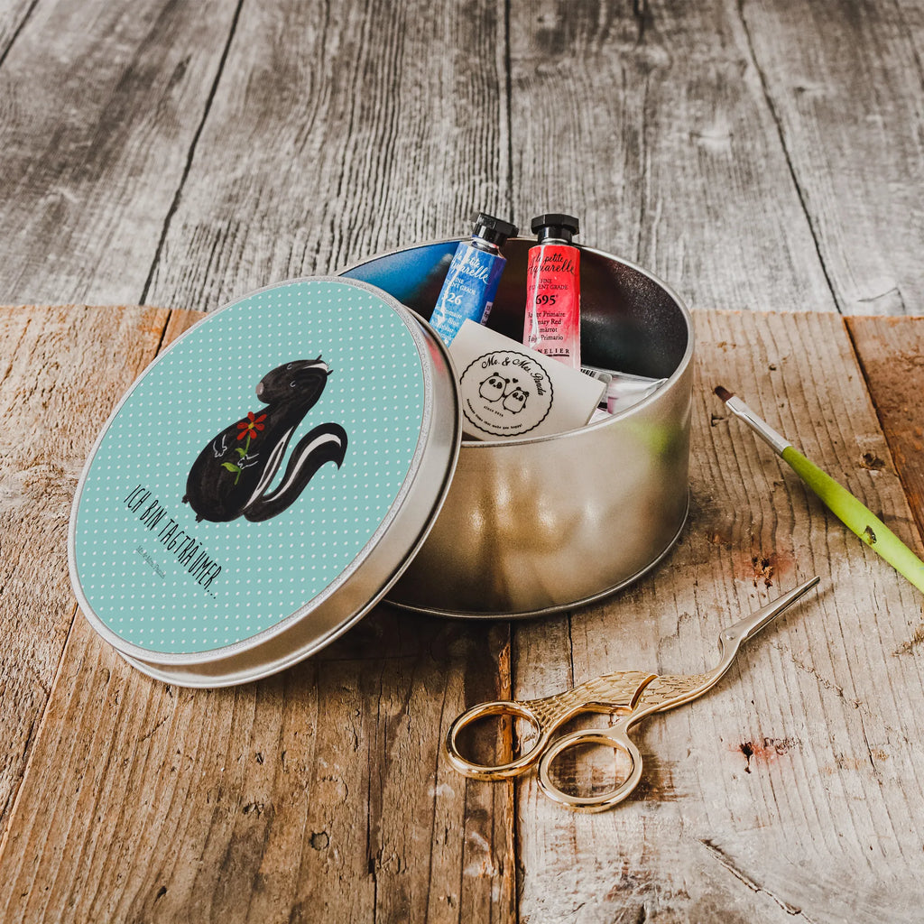 Round tin skunk flower tin, cookie tin, tin can, gift box, storage tin, storage, Skunk, daydreamer, wild animal, predator, skunk, dreams, stinker, dreamy, stink