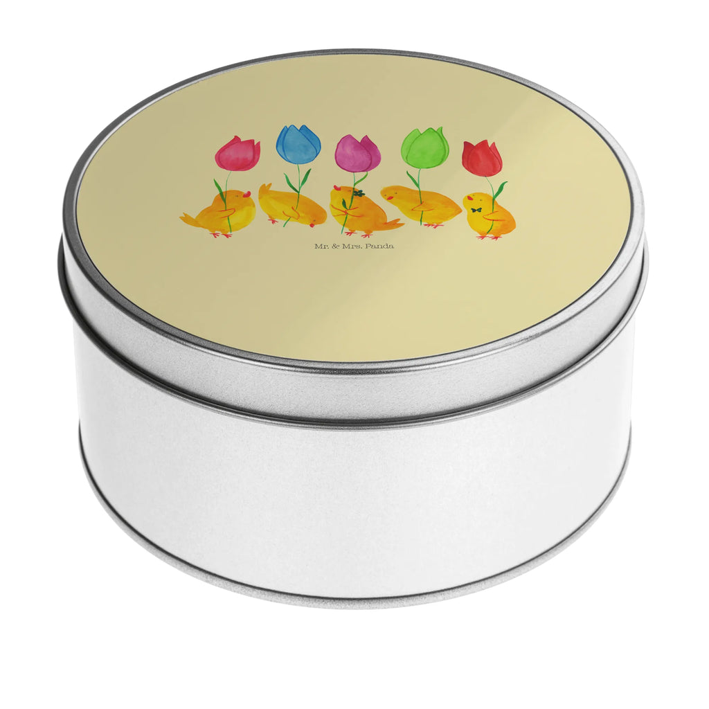Round tin chick parade tin, cookie tin, gift box, storage, storage tin, tin can, Easter, Easter bunny, Tulips, Parade, Flowers, Happy Easter, Easter greetings, Chicks