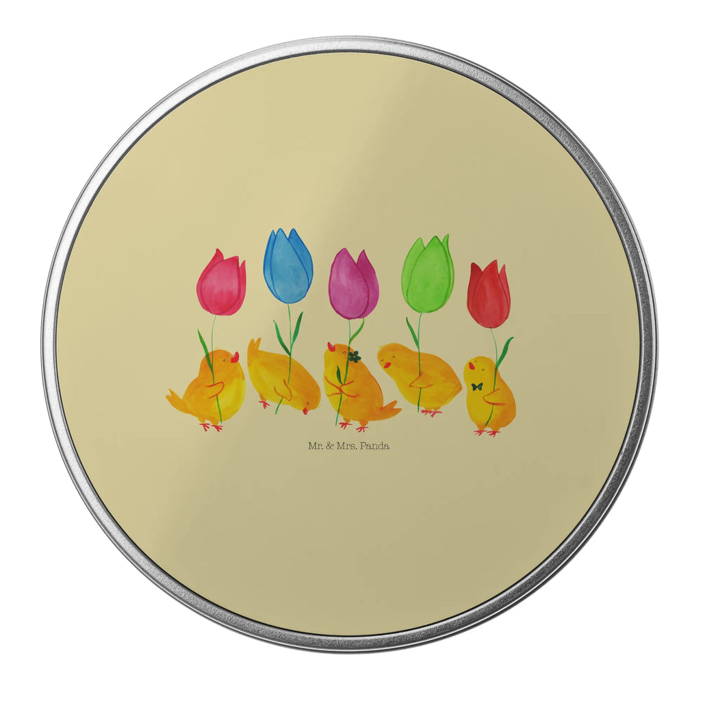 Round tin chick parade tin, cookie tin, gift box, storage, storage tin, tin can, Easter, Easter bunny, Tulips, Parade, Flowers, Happy Easter, Easter greetings, Chicks
