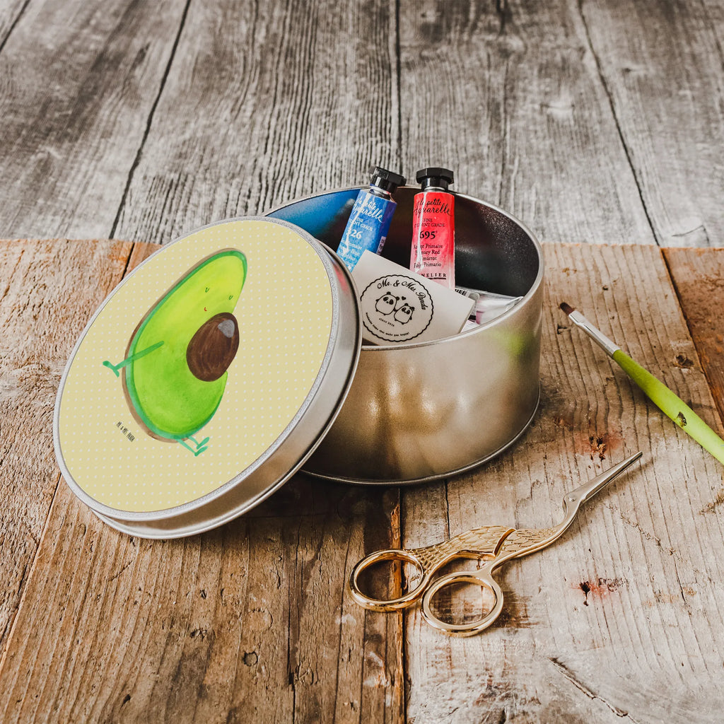 Round tin avocado pregnancy gift box, tin, storage, tin can, storage tin, cookie tin, avocado, vegetables, pregnancy, baby shower, Avocado, pregnant