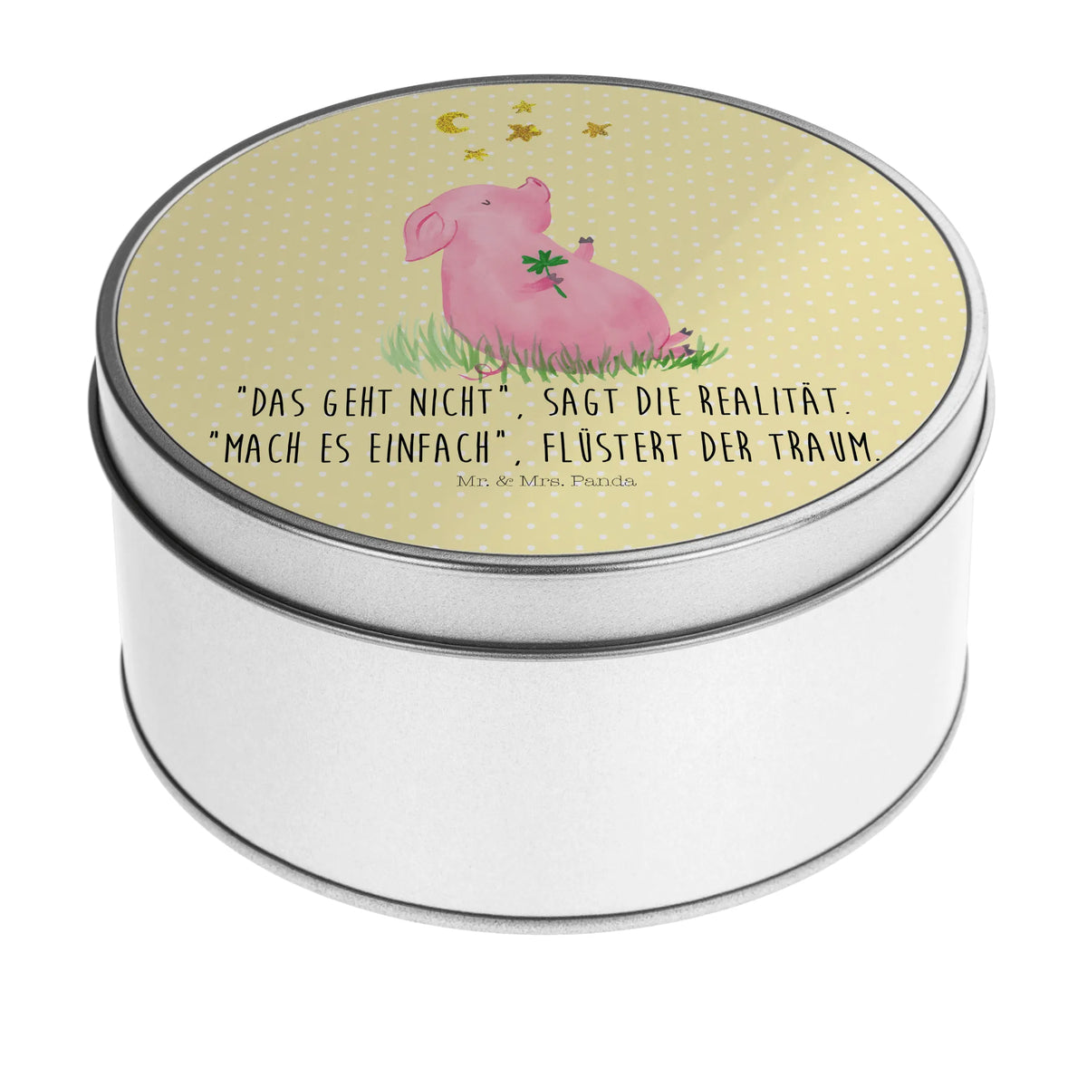 Round tin Pig Luck card, gift ideas, gifts, small animals, cute, cute animal motives, hand drawn, funny sayings, good mood, special gifts, animal lover, asterisks, lucky charm, piglet, goals, Lucky bastard. Luck, stars