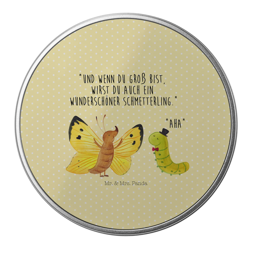 okrągła puszka z blachy gąsienica motyl Motywy zwierzęce, dobra energia, zabawne powiedzonka, zwierzęta