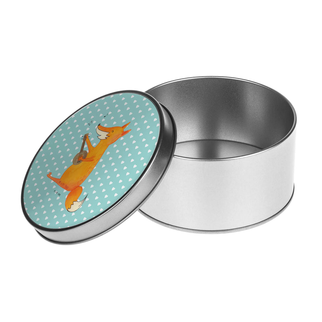Round tin Fox guitar gift box, cookie tin, storage, tin can, storage tin, tin, fox, foxes, forest wildlife, clever as a fox, animal lover, musician, singer, gift musician, Fox, guitar, music saying
