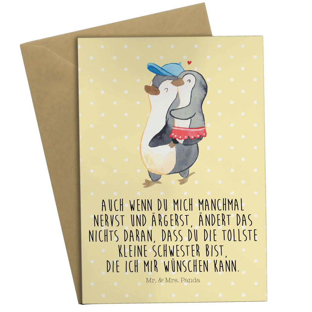 Grußkarte Pinguin Kleine Schwester Klappkarte, Einladungskarte, Glückwunschkarte, Hochzeitskarte, Geburtstagskarte, Karte, Familie, Vatertag, Muttertag, Bruder, Schwester, Mama, Papa, Oma, Opa