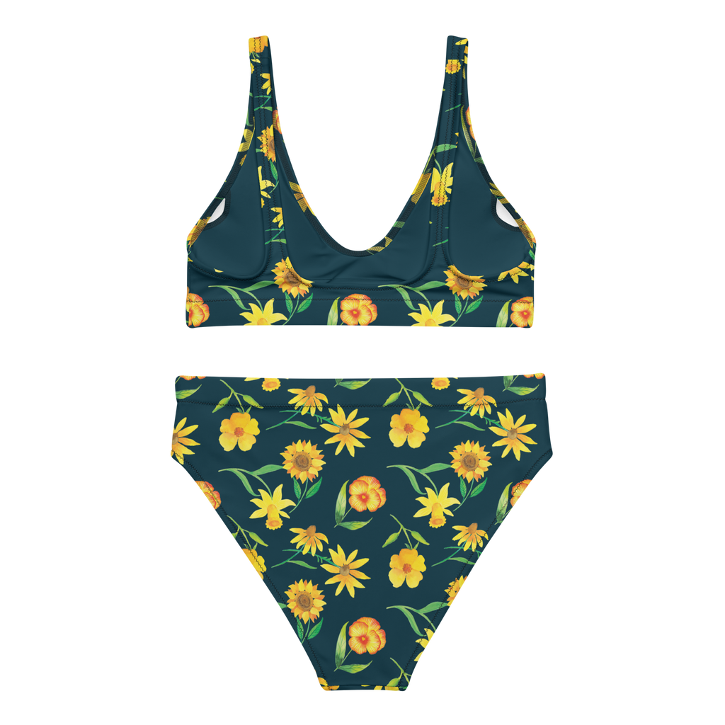 Bikini Sonnengruß Design Bikini, High Waist Bikini, Bademode, Bikinihose, Bikinioberteil, 2er Set, Zweiteiler, Muster, Blumen, gelbe Blumen, Sonnenblume, Osterglocke