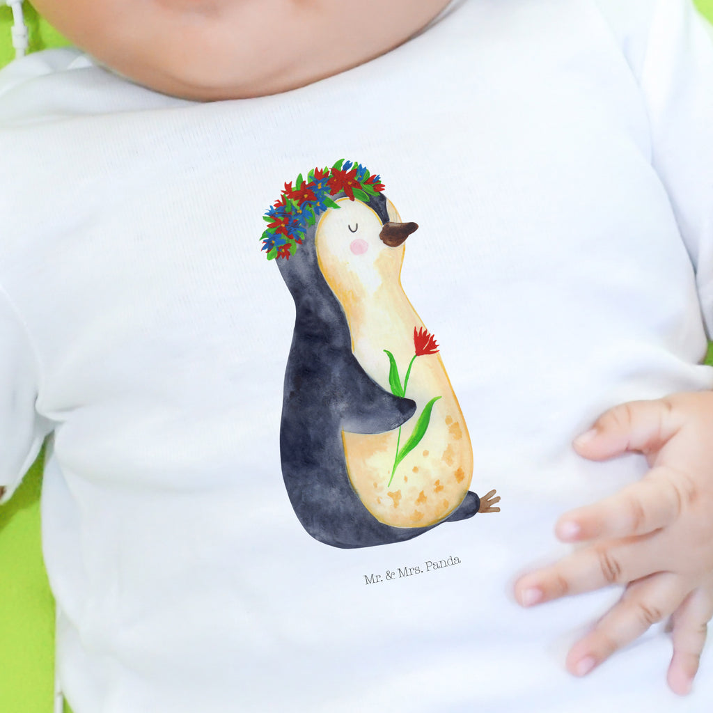 Organic Baby Shirt Pinguin Blumenkranz Baby T-Shirt, Jungen Baby T-Shirt, Mädchen Baby T-Shirt, Shirt, Pinguin, Pinguine, Blumenkranz, Universum, Leben, Wünsche, Ziele, Lebensziele, Motivation, Lebenslust, Liebeskummer, Geschenkidee
