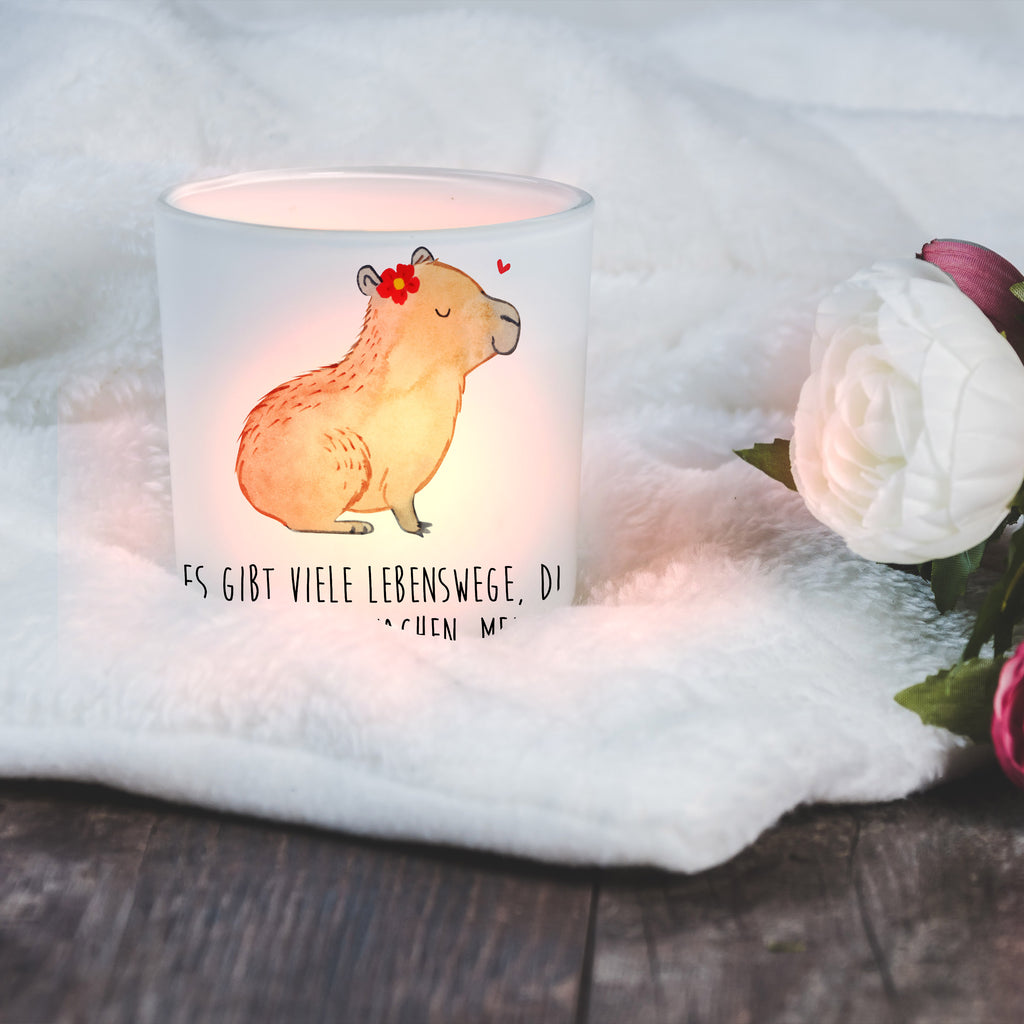 Windlicht Capybara Blume Windlicht Glas, Teelichtglas, Teelichthalter, Teelichter, Kerzenglas, Windlicht Kerze, Kerzenlicht, Tiermotive, Gute Laune, lustige Sprüche, Tiere, Capybara