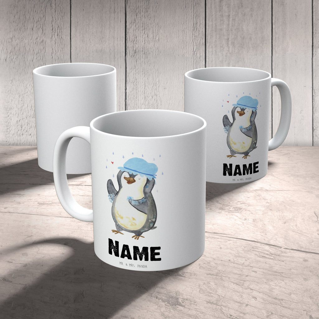 Personalisierte Tasse Pinguin duscht Personalisierte Tasse, Namenstasse, Wunschname, Personalisiert, Tasse, Namen, Drucken, Tasse mit Namen, Pinguin, Pinguine, Dusche, duschen, Lebensmotto, Motivation, Neustart, Neuanfang, glücklich sein