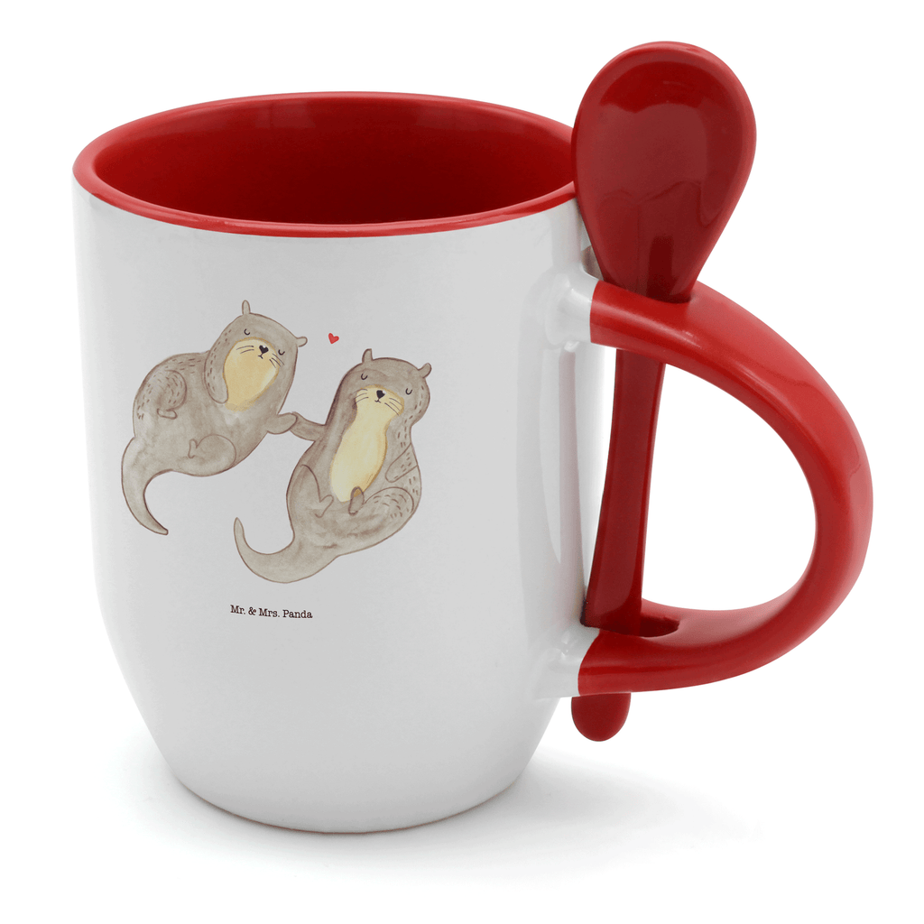 Tasse mit Löffel Otter händchenhaltend Tasse, Kaffeetasse, Tassen, Tasse mit Spruch, Kaffeebecher, Tasse mit Löffel, Otter, Fischotter, Seeotter, Otter Seeotter See Otter