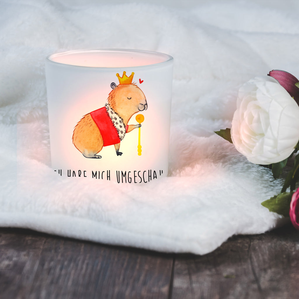 Windlicht Capybara König Windlicht Glas, Teelichtglas, Teelichthalter, Teelichter, Kerzenglas, Windlicht Kerze, Kerzenlicht, Tiermotive, Gute Laune, lustige Sprüche, Tiere, Capybara, König