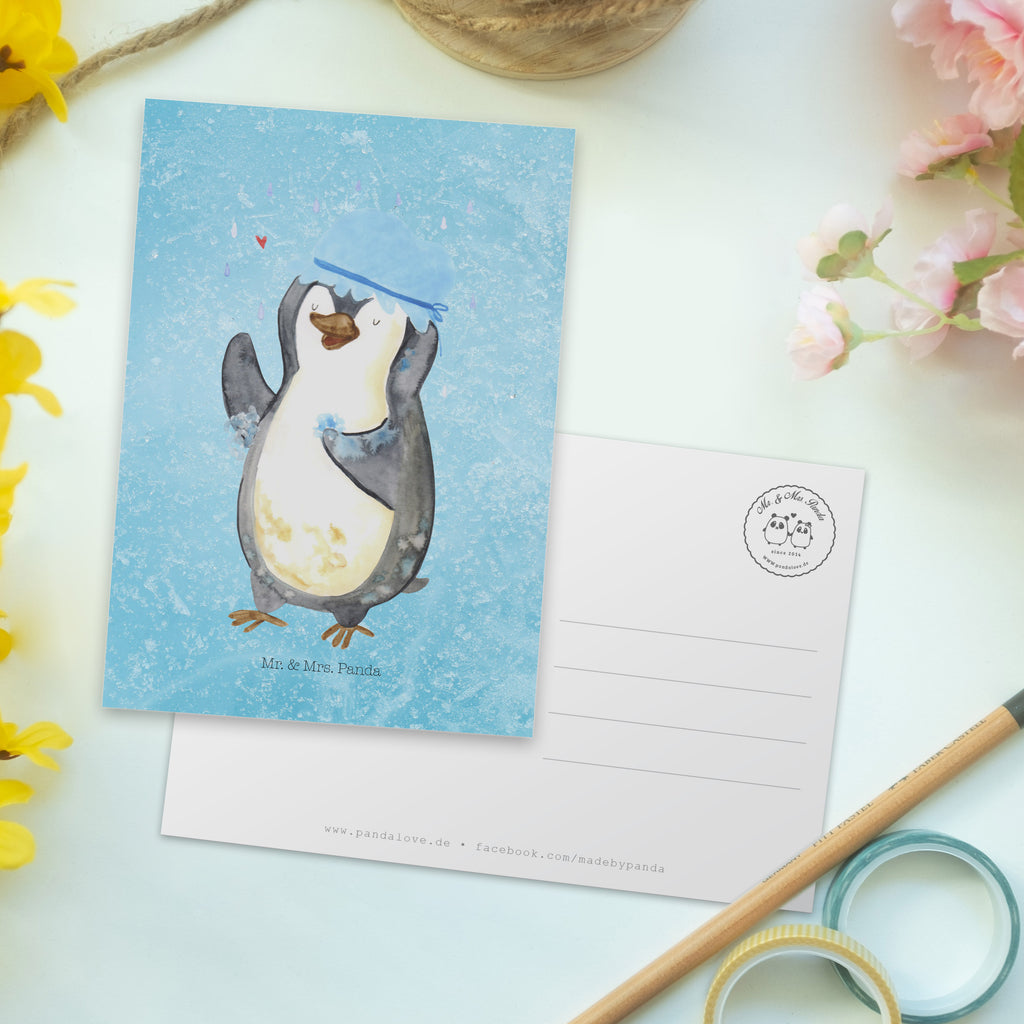 Postkarte Pinguin duscht Geschenkkarte, Grußkarte, Karte, Einladung, Ansichtskarte, Geburtstagskarte, Einladungskarte, Dankeskarte, Pinguin, Pinguine, Dusche, duschen, Lebensmotto, Motivation, Neustart, Neuanfang, glücklich sein