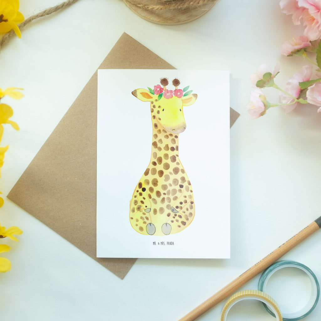 Grußkarte Giraffe Blumenkranz Grußkarte, Klappkarte, Einladungskarte, Glückwunschkarte, Hochzeitskarte, Geburtstagskarte, Karte, Afrika, Wildtiere, Giraffe, Blumenkranz, Abenteurer, Selbstliebe, Freundin