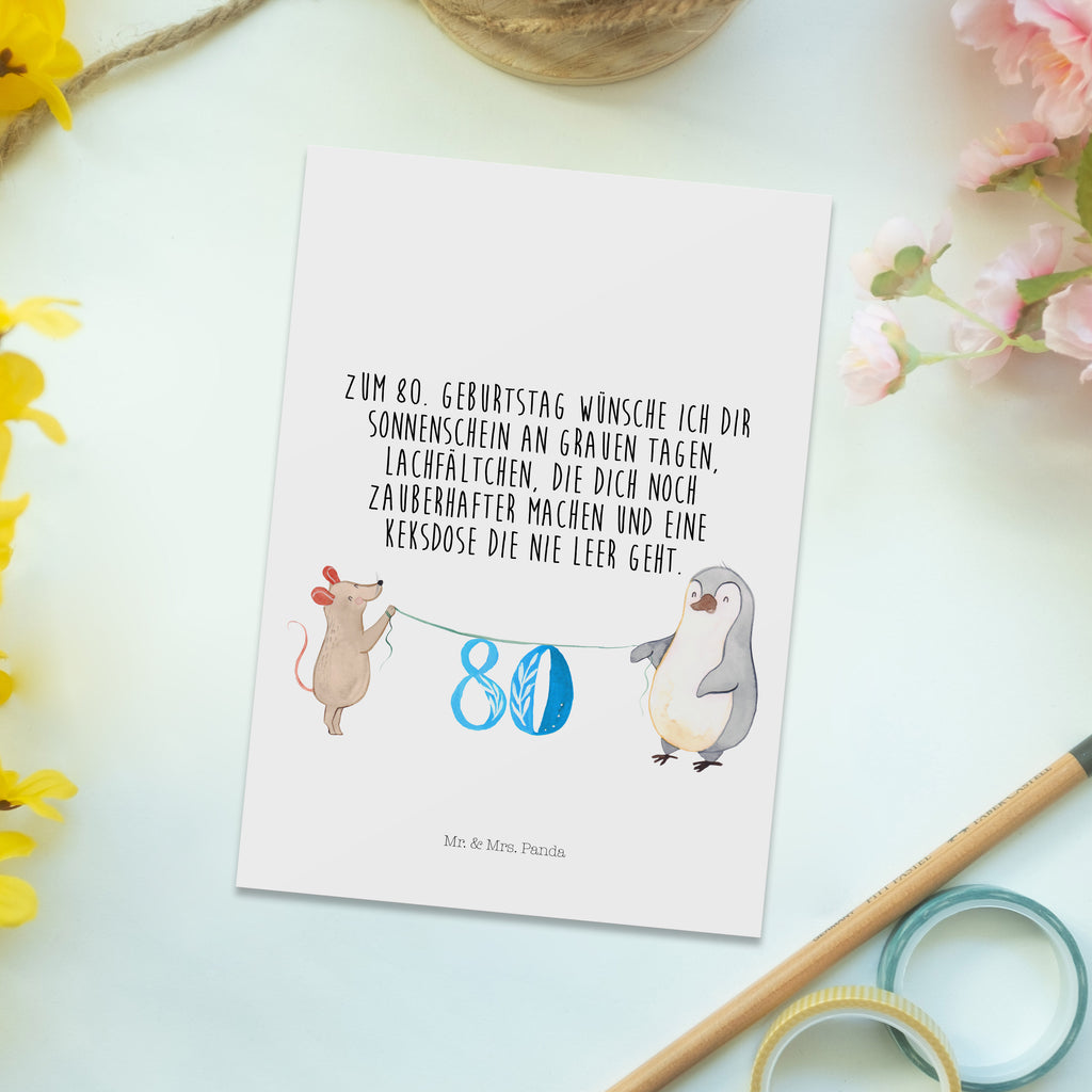 Postkarte 80. Geburtstag Maus Pinguin Geschenkkarte, Grußkarte, Karte, Einladung, Ansichtskarte, Geburtstagskarte, Einladungskarte, Dankeskarte, Geburtstag, Geburtstagsgeschenk, Geschenk, Party, Feiern, Torte, Kuchen