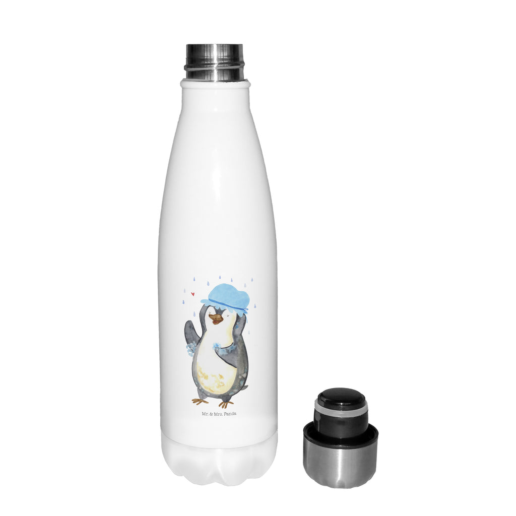 Thermosflasche Pinguin duscht Isolierflasche, Thermoflasche, Trinkflasche, Thermos, Edelstahl, Pinguin, Pinguine, Dusche, duschen, Lebensmotto, Motivation, Neustart, Neuanfang, glücklich sein