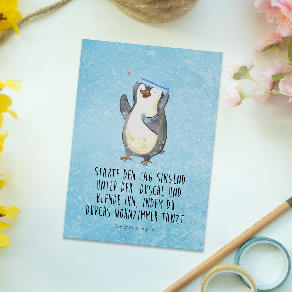 Postkarte Pinguin duscht Postkarte, Karte, Geschenkkarte, Grußkarte, Einladung, Ansichtskarte, Geburtstagskarte, Einladungskarte, Dankeskarte, Pinguin, Pinguine, Dusche, duschen, Lebensmotto, Motivation, Neustart, Neuanfang, glücklich sein
